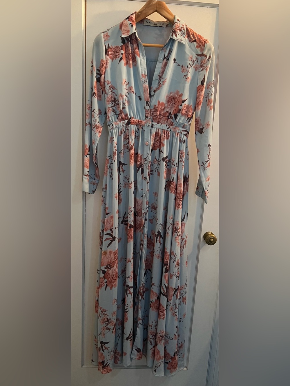 Fame and Partners Sky Blue Maxi Dress with Rose Floral Print